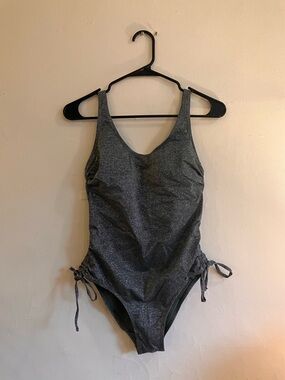 Xhilaration glitter green one piece swimsuit drawstring sides adjustable straps